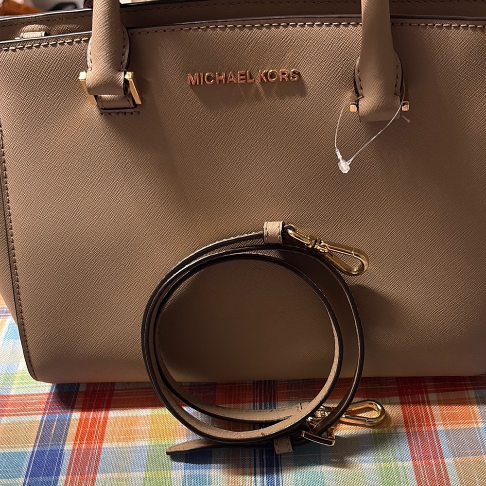 Michael Kors Tan Saffiano Leather Satchel with Gold Hardware